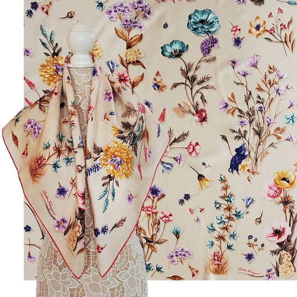 SALVATORE FERRAGAMO SCARF SIGNATURE FLOWER MOUSE MULTI COLOR PRINT SILK 35"